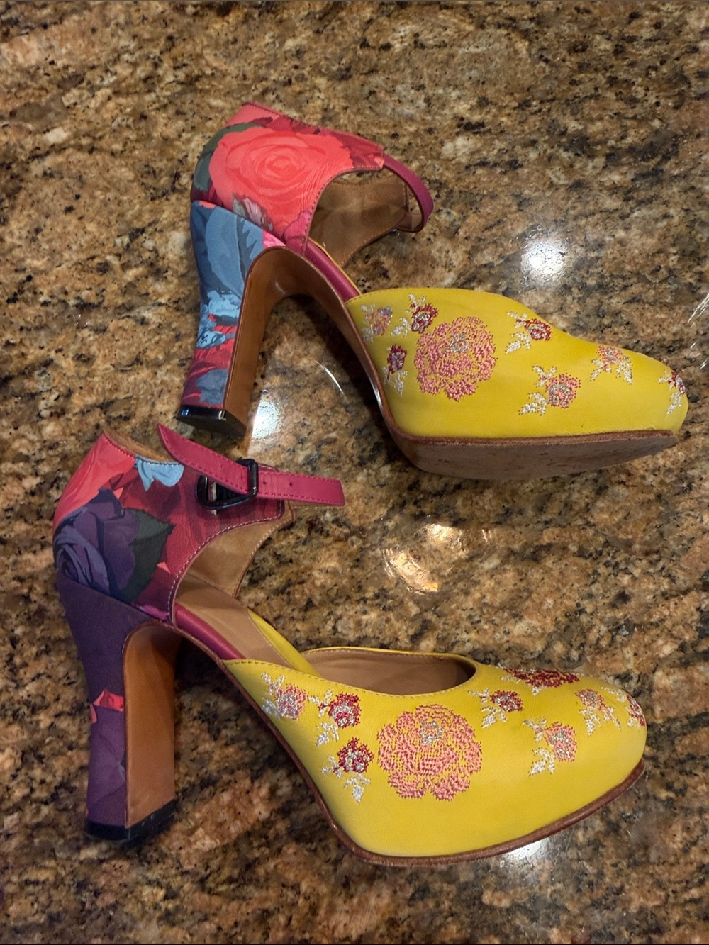 John Fluevog Miracles Platform "Flora" Yellow Floral Embroidered Mary Jane